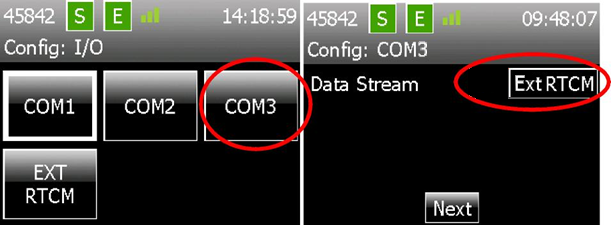 Return to the Config I/O page, and select COM3, then on the Data Stream tab select Ext RTCM, then Next